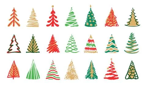 Hand drawn doodle christmas tree set. Red green color holiday trees. Stock Illustration