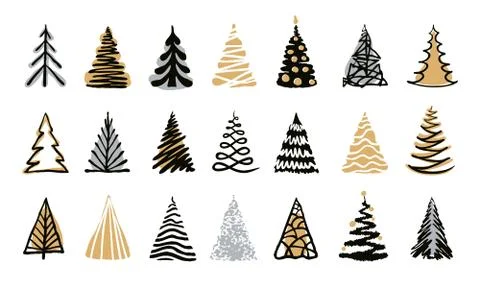 Hand drawn doodle christmas tree set. Gold silver color holiday trees Stock Illustration