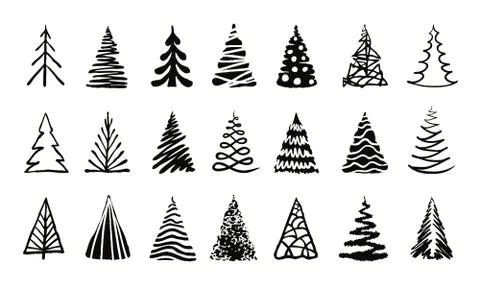 Hand drawn doodle christmas tree set. Stock Illustration