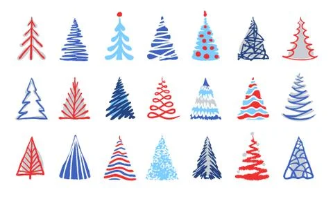 Hand drawn doodle christmas tree set. Red blue color sketch style holiday trees. Stock Illustration