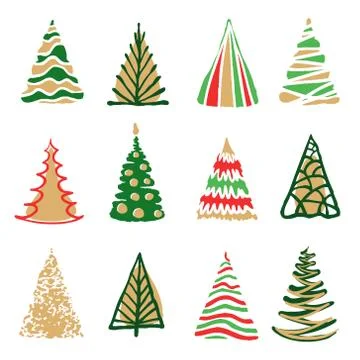 Hand drawn doodle christmas tree set. Red green color holiday trees. Stock Illustration