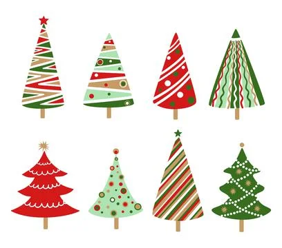 Hand drawn doodle Christmas tree set. Red green color cartoon style Stock Illustration