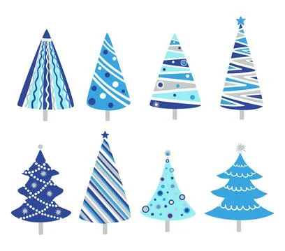 Hand drawn doodle Christmas tree set. Blue color cartoon style holiday trees Stock Illustration