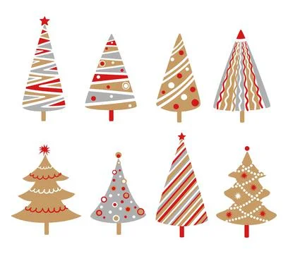 Hand drawn doodle Christmas tree set. Gold silver color cartoon style trees Stock Illustration