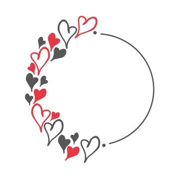 Hand drawn doodle circle frame with red and black hearts. Simple elements イラスト素材