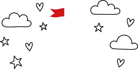Hand Drawn Doodle Clouds Stars Hearts and Red Flag Vector Illustration. 库存插图