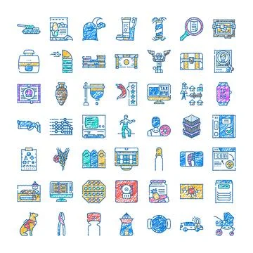 Hand drawn doodle collection of various colored icons Stock Illustration