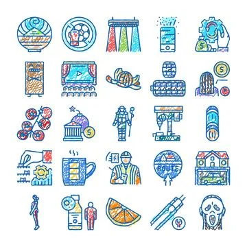Hand drawn doodle color various icons collection Ilustración de archivo