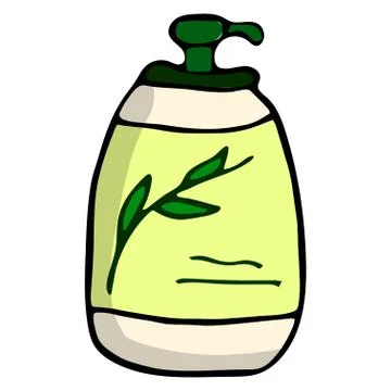 Hand drawn doodle colored plastic bottles for liquid soap or cream. Stock Illustration