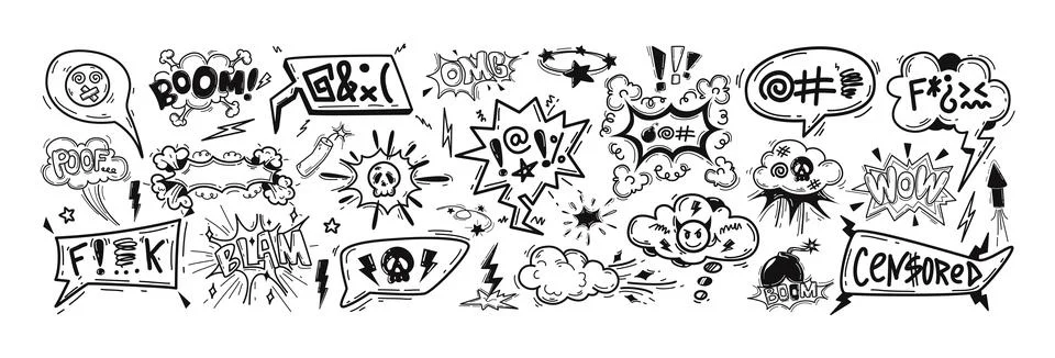 Hand drawn doodle comic speech bubbles with swearwords, curses, insults Stock Illustration