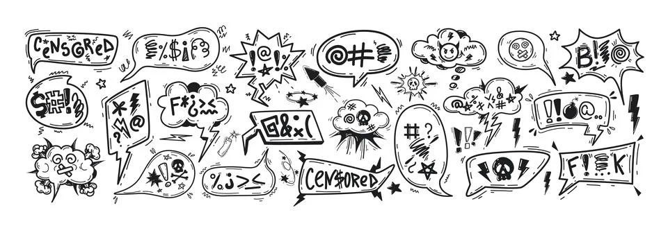 Hand drawn doodle comic speech bubbles with swearwords, curses, insults Stock Illustration