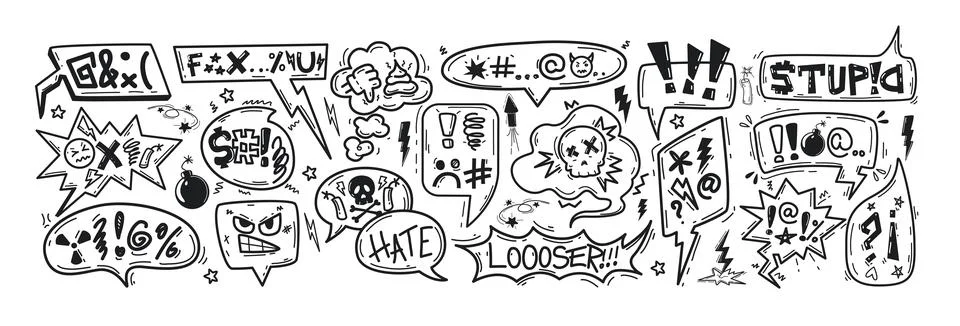 Hand drawn doodle comic speech bubbles with swearwords, curses, insults Stock-Illustration