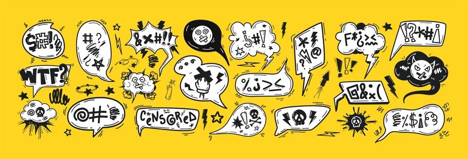 Hand drawn doodle comic speech bubbles with swearwords, curses, insults Stock Illustration