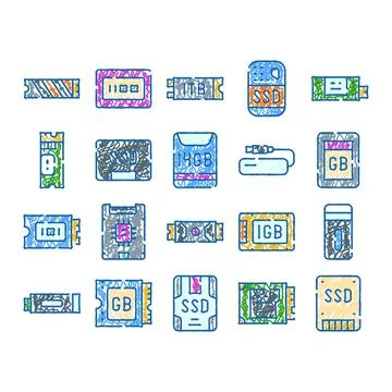 Hand drawn doodle computer data storage devices Illustrazione stock