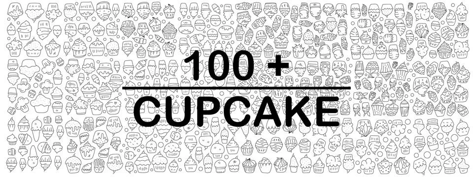 Hand Drawn Doodle Cupcake Bundle  Black and White vector Set Stock Illustration