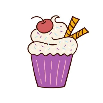 Hand-drawn doodle cupcake style, muffin. Bright and delicious dessert, pastri Stock Illustration