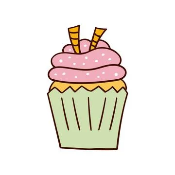 Hand-drawn doodle cupcake style, muffin. Bright and delicious dessert, pastri Stock Illustration