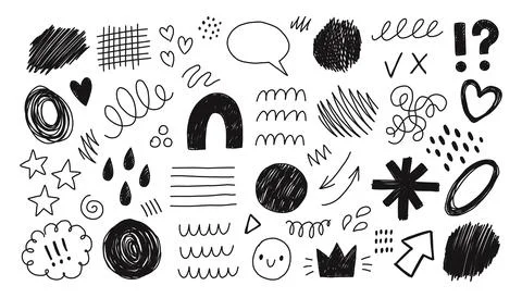 Hand drawn doodle design elements, black on white background. Curly lines set Stock Illustration