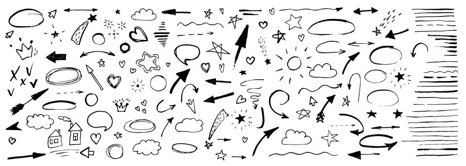 Hand drawn doodle design elements, black on white background. Swishes, swoo.. 스톡 일러스트