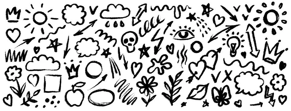 Hand drawn doodle design elements, black on white background. Swishes, swoops 스톡 일러스트