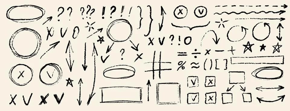 Hand drawn doodle design elements, black on white background. Swishes, swoops Stock Illustration