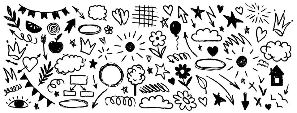 Hand drawn doodle design elements, black on white background. Swishes, swoops 스톡 일러스트