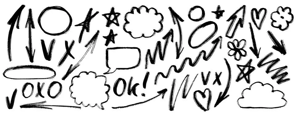 Hand drawn doodle design elements, black on white background. Swishes, swoo.. Stock Illustration