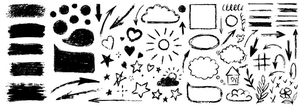Hand drawn doodle design elements, black on white background. Swishes, swoops Illustrazione stock