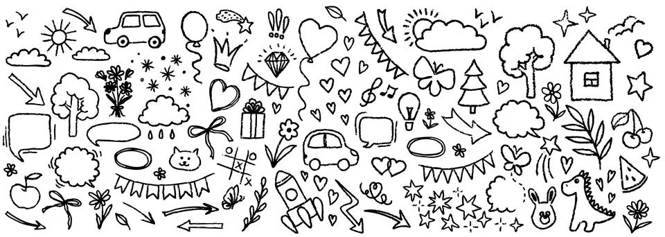 Hand drawn doodle design elements, black on white background. Swishes, swoops Stock Illustration