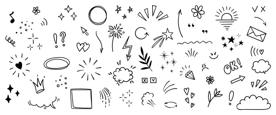 Hand drawn doodle design elements, black on white background. Swishes, swoo.. Illustrazione stock