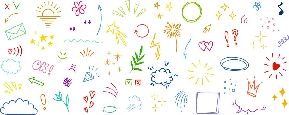 Hand drawn doodle design elements, black on white background. Swishes, swoops 스톡 일러스트