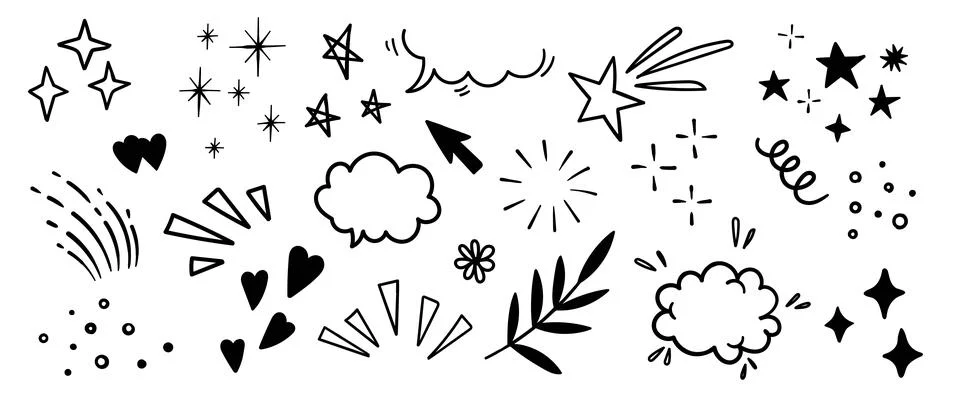 Hand drawn doodle design elements, black on white background. Swishes, swoops Stock Illustration