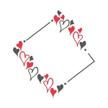 Hand drawn doodle diamond frame with red and black hearts. Simple elements Stock Illustration