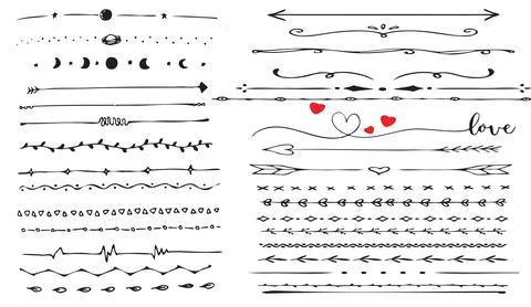 Hand drawn doodle divider collection with arrows hearts and decorative elements 스톡 일러스트