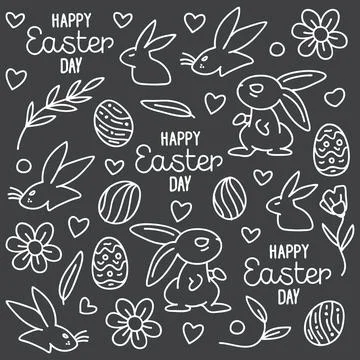 Hand-drawn doodle Easter Day with line eggs, bunny,flowers, heart, rabbit o.. Stock Illustration