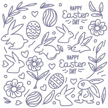 Hand-drawn doodle Easter Day with line eggs, bunny,flowers, heart, rabbit o.. Stock Illustration