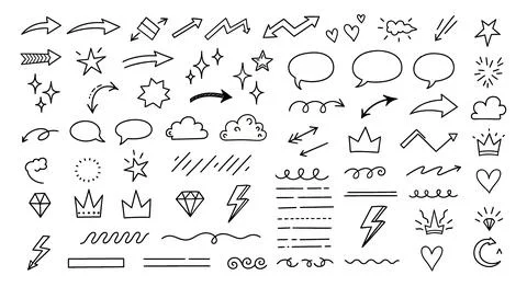 Hand-drawn doodle elements: arrows, stars, clouds, crowns, speech bubbles, .. Stock Illustration