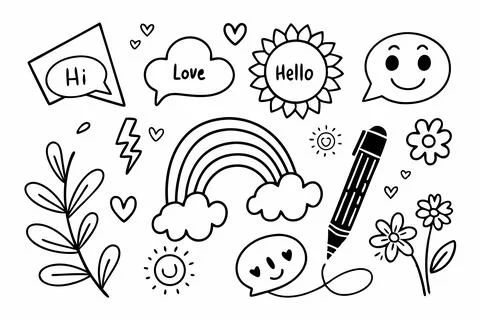 Hand drawn doodle elements collection with speech bubbles, rainbow, and pen Stock Illustration