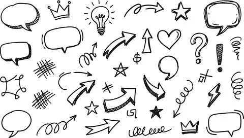 Hand-Drawn Doodle Elements Collection - Arrows, Speech Bubbles, and Symbols. Stock Illustration
