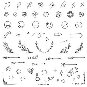 Hand drawn doodle elements set. Arrows, branches, flowers, emoji and more 库存插图
