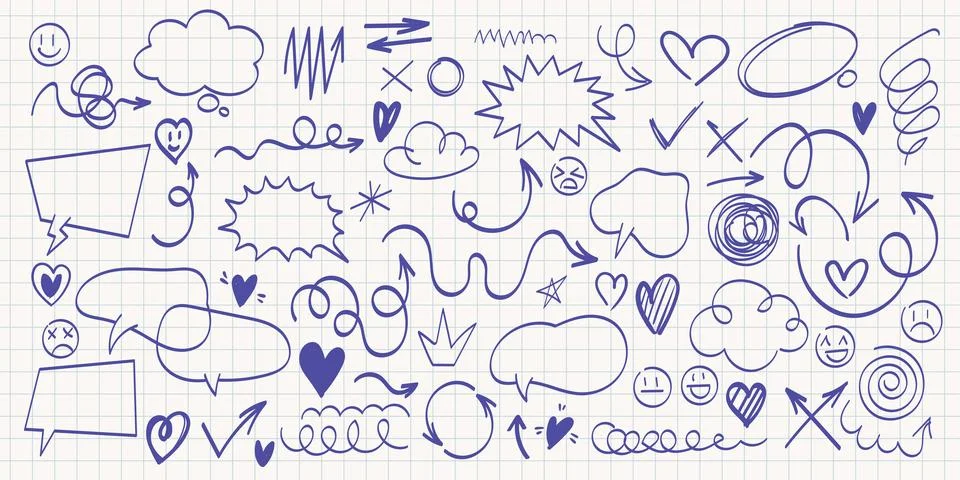 Hand drawn doodle elements set on grid paper background Stockillustratie
