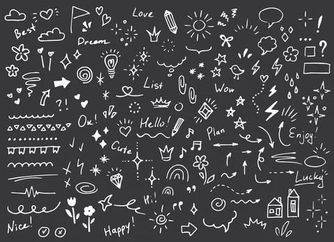 Hand Drawn Doodle Elements Set White on Dark Background Cute Sketch Icons Stock Illustration