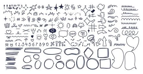 Hand Drawn Doodle Elements Set. Speech Bubbles, Frames, Arrows, Stars. Isol.. Stock Illustration