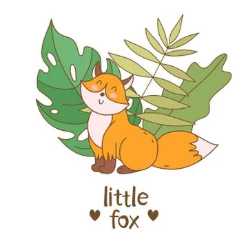 Hand drawn doodle fox character with green leaves and small text Illustrazione stock