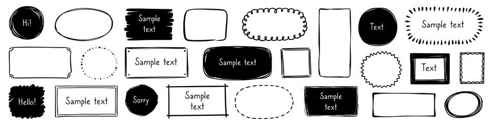 Hand drawn doodle frame set. Box, square, rectangle, circle shape brush pen line イラスト素材