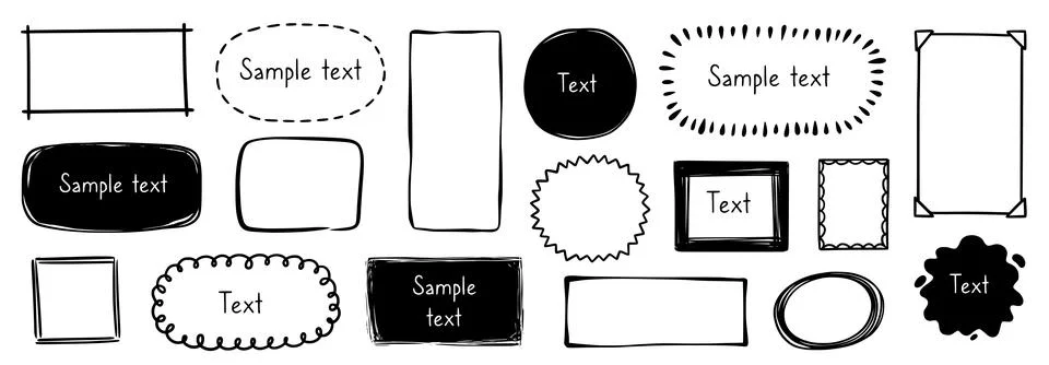 Hand drawn doodle frame set. Box, square, rectangle, circle shape brush pen line Stock Illustration