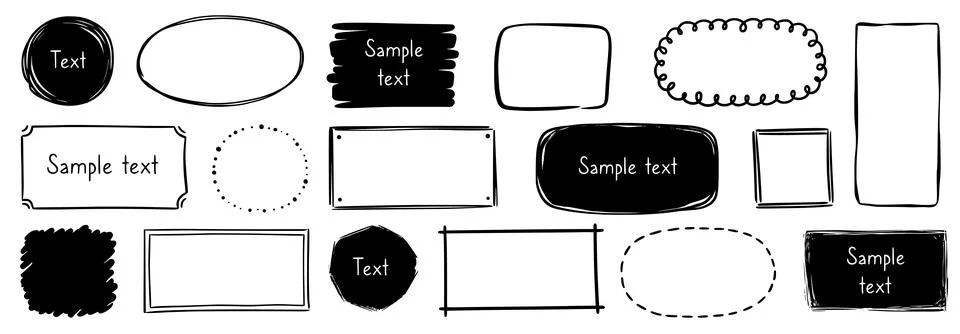 Hand drawn doodle frame set. Box, square, rectangle, circle shape brush pen line イラスト素材
