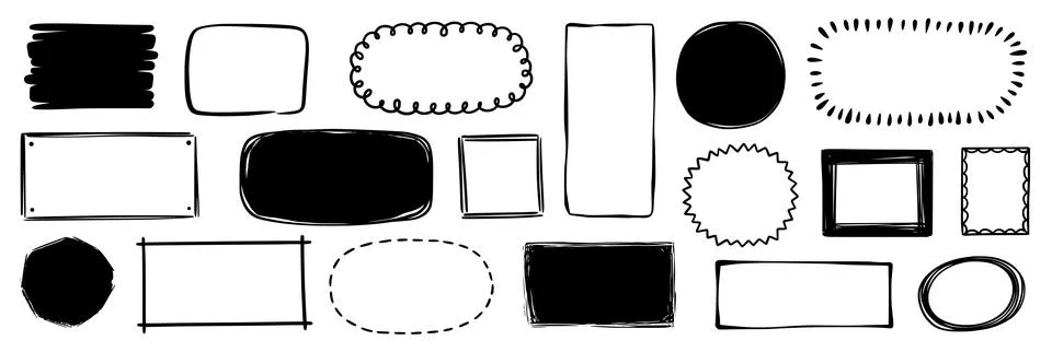 Hand drawn doodle frame set. Box, square, rectangle, circle shape brush pen line Stock Illustration
