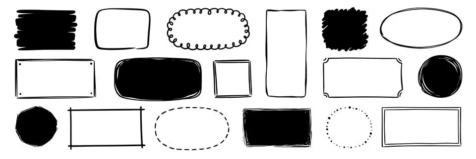 Hand drawn doodle frame set. Box, square, rectangle, circle shape brush pen line イラスト素材