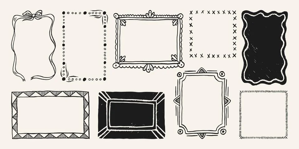 Hand drawn doodle frames with cute wavy borders Stock Illustration